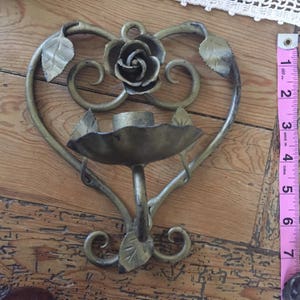 Candle Sconce Wrought Iron Painted Brass Rose Flower Leaves Heart Shape Vintage
