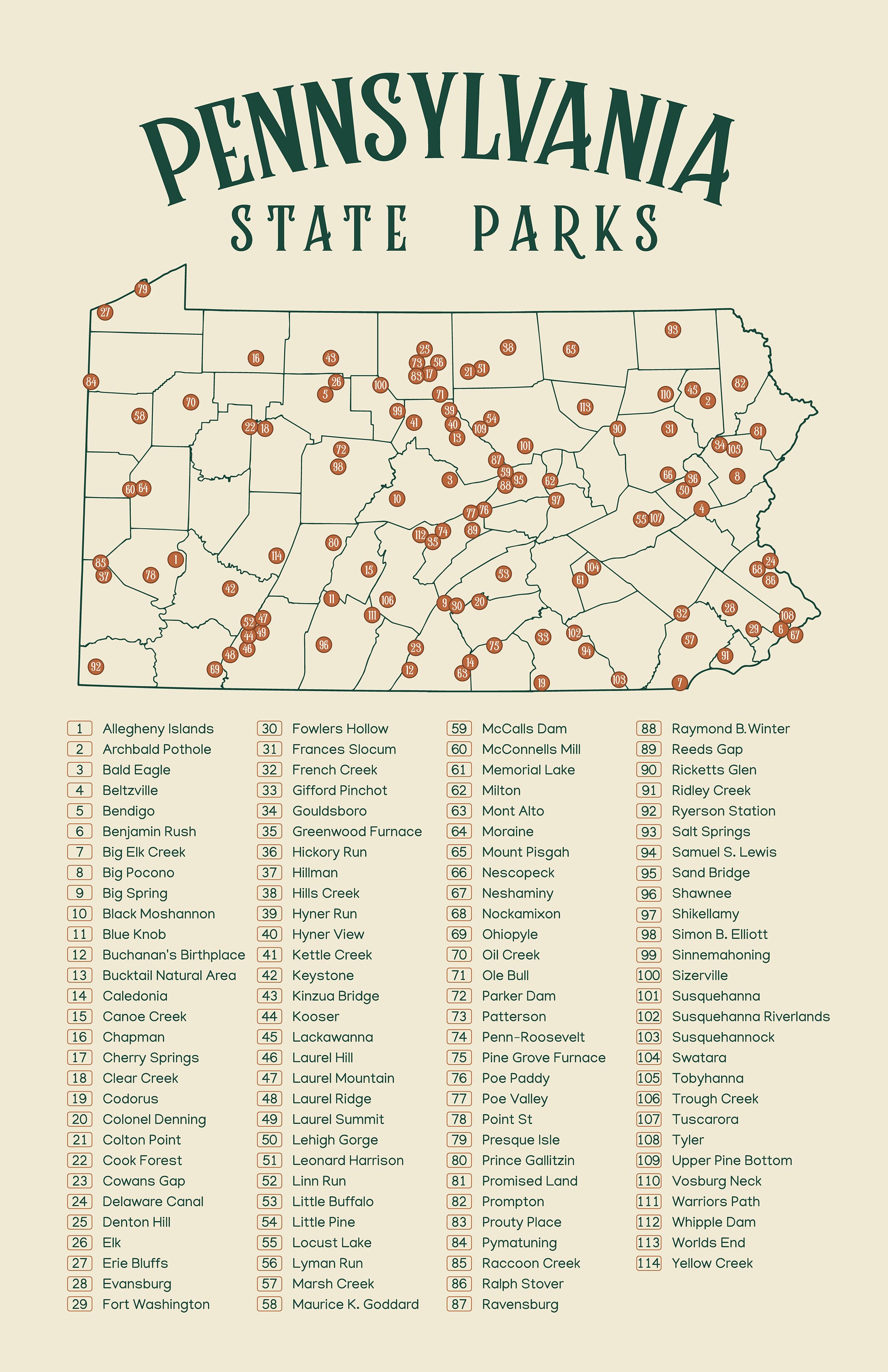Pennsylvania State Park Map Checklist Etsy