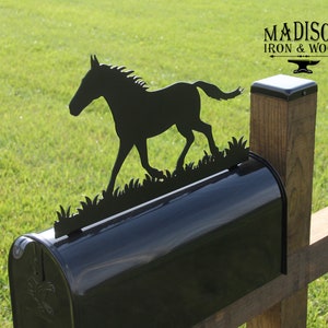 Tethered horse black metal mailbox topper 