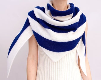 cashmere triangle scarf, blue, white, stripes, cashmere scarf, cashmere shawl, cashmere throw, cashmere wrap, cashmere scarf, blue scarf