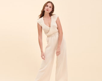 off-white knit overall, wedding overall, elegant pantsuit, elegant overall, wedding outfit, wedding dress alternative, wedding pantsuit