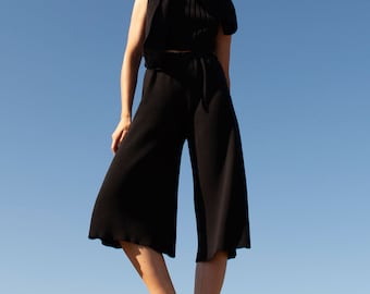 wide knit culottes cotton modal cashmere, culottes black, culottes, culotte pants, palazzo pants, knitted pants, leisurewear, knit pants