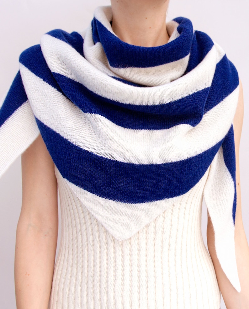 Cashmere Triangle Scarf, Blue, White, Stripes, Cashmere Scarf, Cashmere