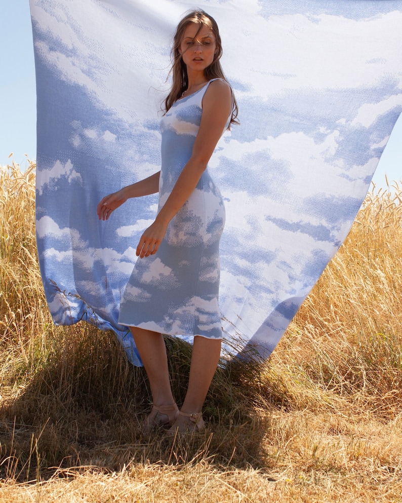 sky knit dress, clouds knit dress, light blue dress , summer weddingdress, statement dress, clouds dress, alternative wedding dress, clouds image 2