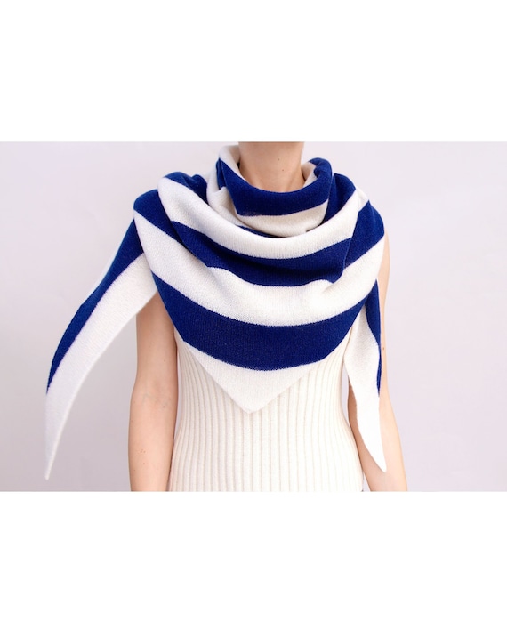 Cashmere Triangle Scarf Blue White Stripes Cashmere Scarf