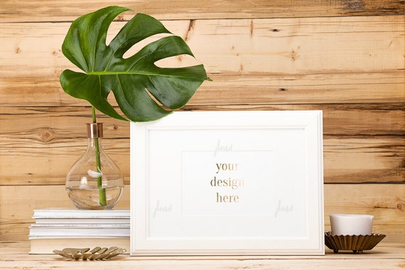 Styled Stock Photography White Frame With Green Leaf