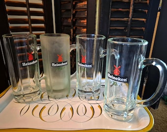 Set mit 4 Vintage Heineken Bierkrügen, klassischem Windmühlen-Logo, dicken Glasböden