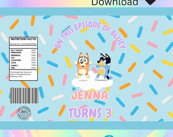 Envoltorios para bolsas de patatas fritas de cumpleaños de Bluey – Recuerdos personalizados para fiestas de Bluey (Descarga digital)
