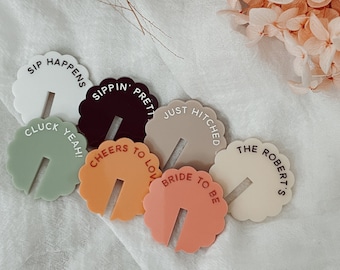 Personalized Wavy Acrylic Drink Tags - Custom Wedding & Event Quote Tags in a trendy scalloped shape - Personalized Bar Stemless Mixer