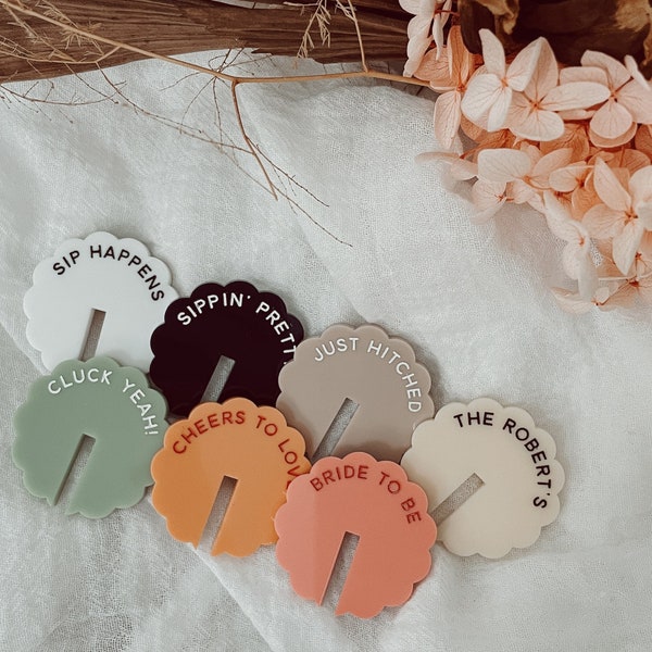 Personalized Wavy Acrylic Drink Tags - Custom Wedding & Event Quote Tags in a trendy scalloped shape - Personalized Bar Stemless Mixer