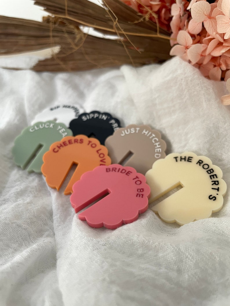 Personalized Wavy Acrylic Drink Tags Custom Wedding & Event Quote Tags in a trendy scalloped shape Personalized Bar Stemless Mixer image 2