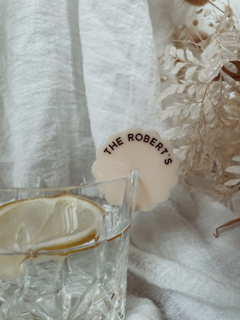 Personalized Wavy Acrylic Drink Tags Custom Wedding & Event Quote Tags in a trendy scalloped shape Personalized Bar Stemless Mixer image 6