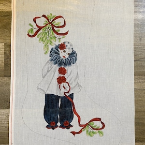 Handpainted Needlepoint Canvas Christmas Stocking | Holiday Stocking Canvas | PRU Clown with Ribbon  Embroidery X5275