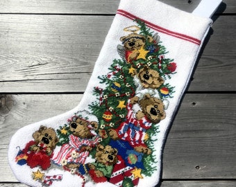 Christmas Stocking, FINISHED 1994 Dimensions Angel Bears Stocking, Handmade Counted Cross Stitch Holiday Stocking, Needlepoint