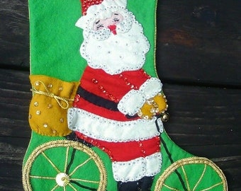 Bucilla Vintage 1950s Bucilla Felt Christmas Stocking: Santa on Bicycle