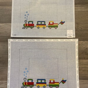 Handpainted Needlepoint Canvases Set of 2 J. CHILD Brand &#39;Choo Choo Frame&#39; Train FRM210 Baby Room Child Room Home Decor