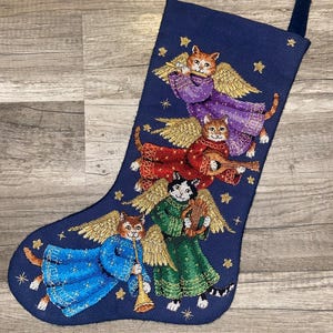 Handmade Angel Kitty Christmas Stocking: Counted Cross Stitch Holiday Decor