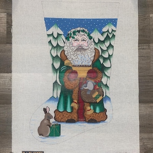 Handpainted Needlepoint Christmas Stocking Canvas: Old World Santa, Rabbit, Trees - Amanda Lawford