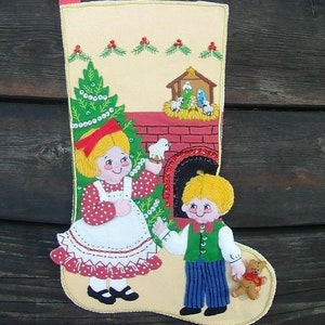 Vintage Bucilla Christmas Stocking: Hand Sewn Felt, Kids & Fireplace