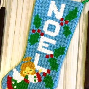Custom Christmas Stocking, Vintage Bernat NOEL Handmade Needlepoint Holiday Christmas Stocking