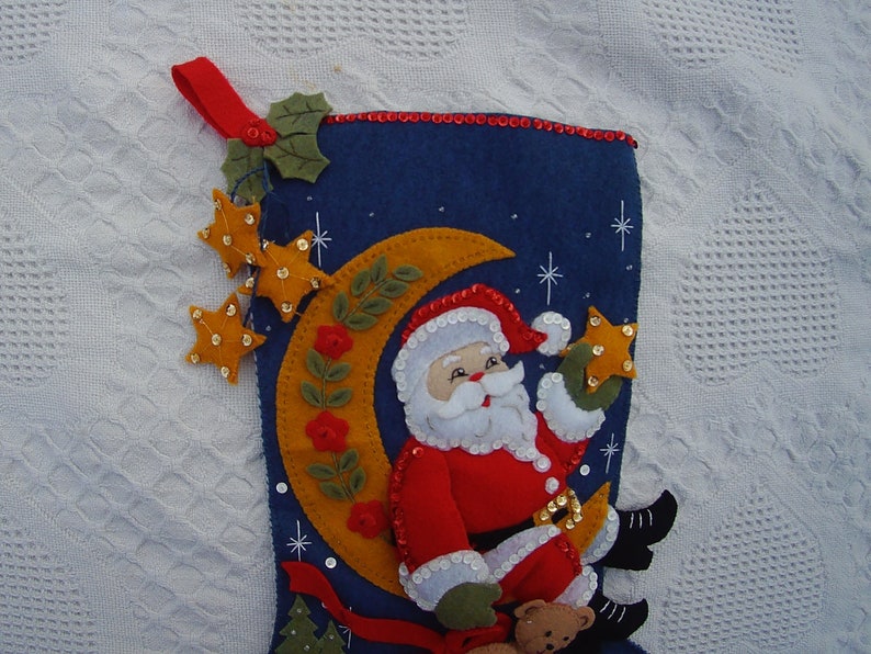 Retired Stocking Moon Light STocking! Very Rare FINISHED Bucilla Moonlight Santa Christmas Stocking From Kit #86018 Circa 2007
