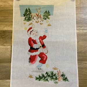 Vintage Handpainted Needlepoint Christmas Stocking | Santa Claus & Deer Holiday Stocking Canvas | Personalized Stockings | Family Stockings