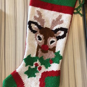 Custom Christmas Stocking, Vintage Bernat Rudolph Reindeer Handmade Needlepoint Holiday Stocking, Custom Stocking, Personalized Stockings