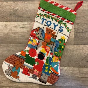 Christmas Stocking Vintage Retro 1980&#39;s HANDMADE  Finished Dimensions Toy Shop NEEDLEPOINT Custom Holiday Decor Santa Claus Decorating