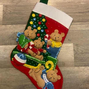 Handmade Bucilla Felt Christmas Stocking: Vintage Teddy Bear Holiday Decor