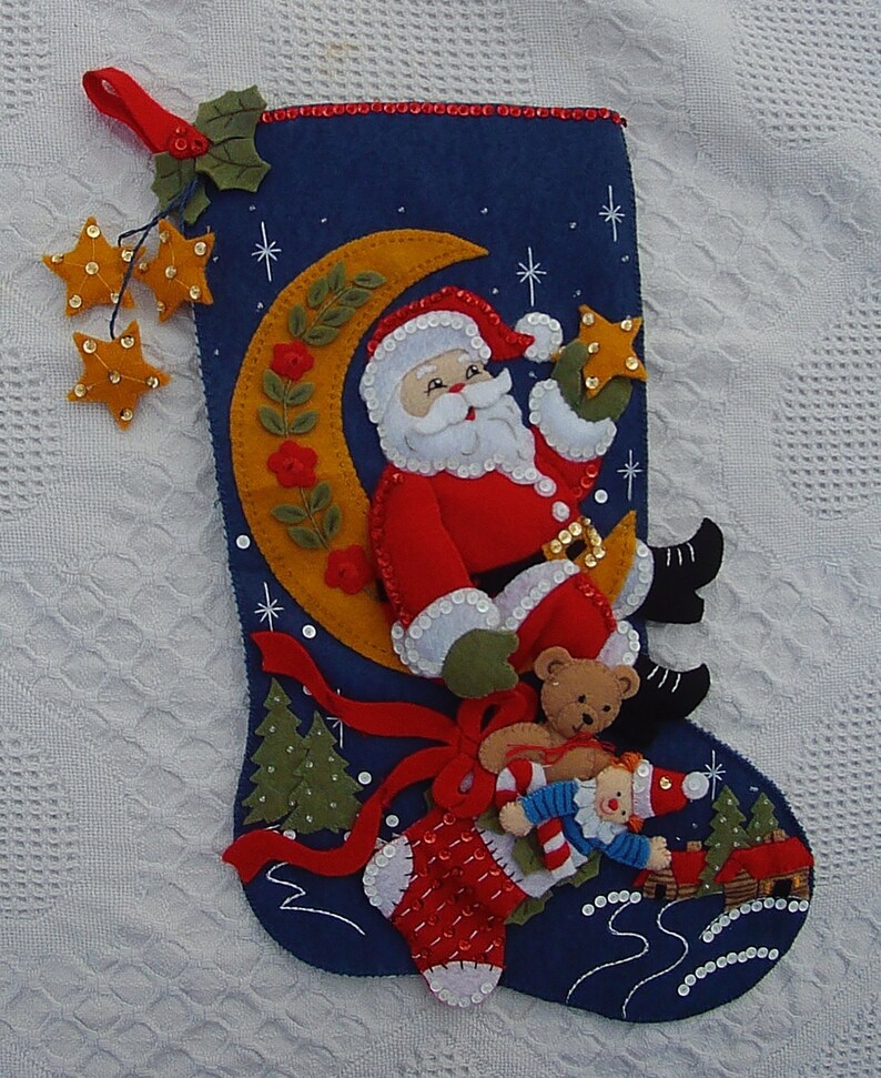 Retired Stocking Moon Light STocking! Very Rare FINISHED Bucilla Moonlight Santa Christmas Stocking From Kit #86018 Circa 2007