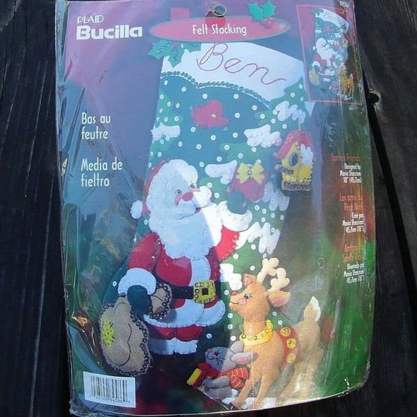 New Bucilla Felt Christmas Stocking Kit, Vintage 2001 Santa's Friends Kit #84954 Reindeer Rabbit Maria Stanziani DIY Christmas Craft,