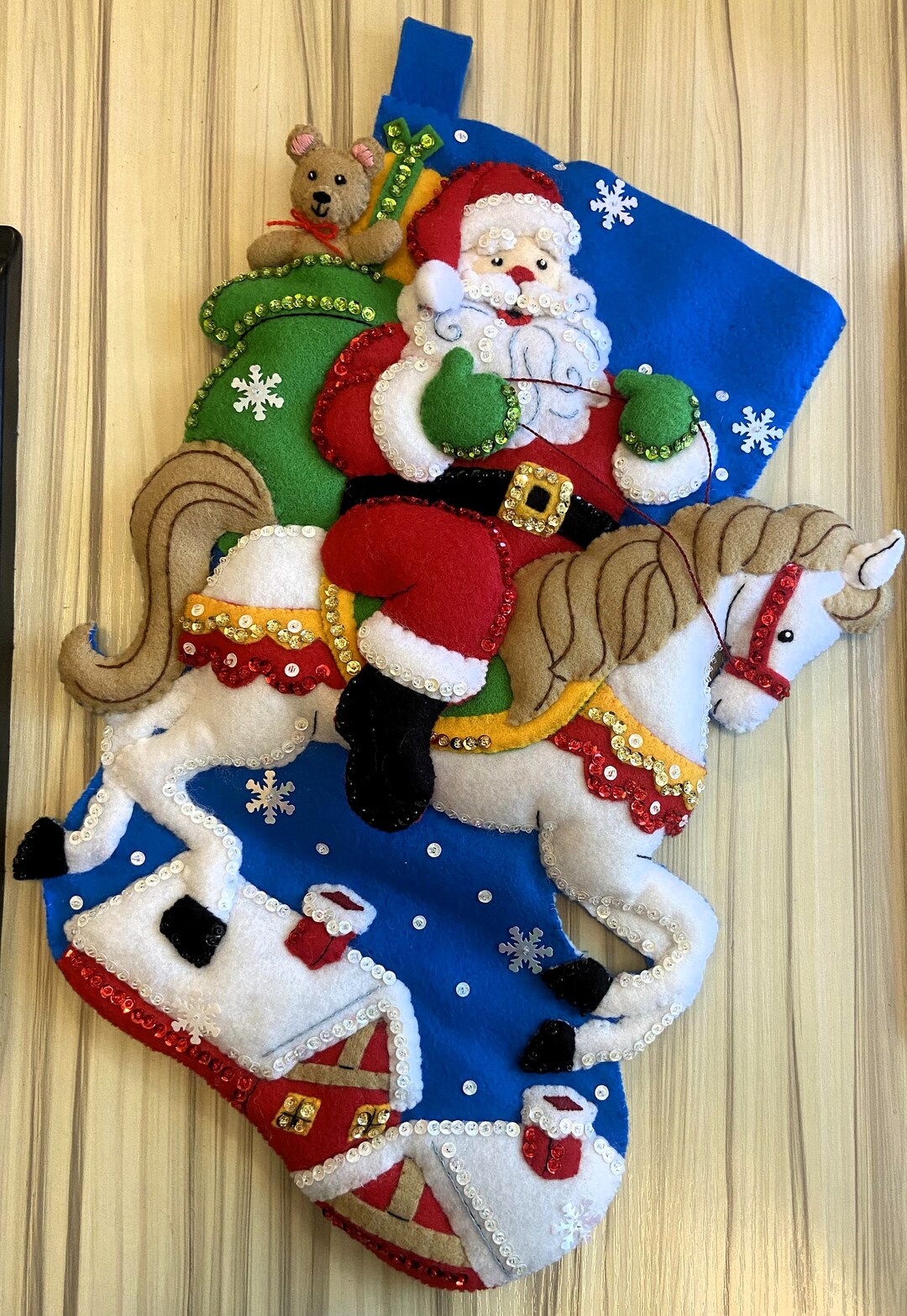 New Christmas Stocking Handmade BUCILLA Holiday Horse Ride Santa Claus