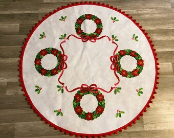 New FINISHED Vintage Jeweled Tree Skirt or Table Cover Handmade Finished Bucilla Kit, WREATHS #3575 Poinsettias Holly Holiday Home Decor