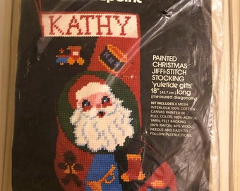 Vintage Bucilla "PAINTED" Needlepoint Christmas Stocking Kit 60600  YULETIDE GIFTS anta Claus  Holiday Stocking Circa 1970's Holiday Decor