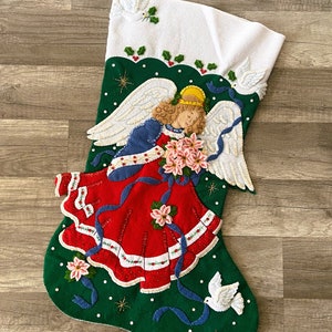 Handmade Bucilla Felt Christmas Stocking: Poinsettia Princess Angel, 1990s Decor
