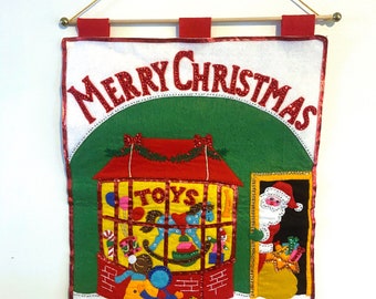VINTAGE années 1960 BUCILLA Toy Shop 3398 Carillon de porte suspendu mural Panneau en feutre Décor en feutre de vacances