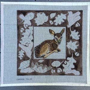 Needlepoint Canvas Custom Design Vintage 1970&#39;s Charisse Taylor Handpainted Deer Fawn / Doe