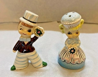 RARE Vintage 1950s ENESCO Sweet Shop Winking Boy & Girl MCM Salt Pepper Shakers