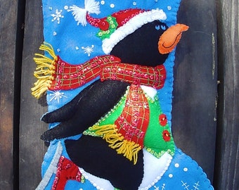 Handmade Felt Christmas Stocking: Skating Penguin Applique