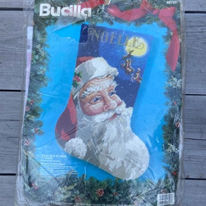 New BUCILLA 1990s JOLLY Old St. NICK Needlepoint Christmas Stocking Kit 60723 Holiday Decor *Read*