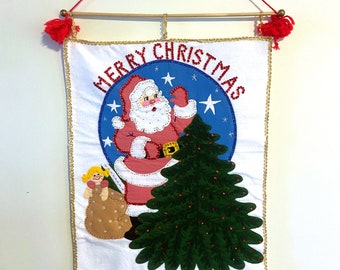 Vintage 1980s BUCILLA Advent Calendar Santa's Tree 82476 Christmas Wall Panel Hanging Door Chime Felt Holiday Decor