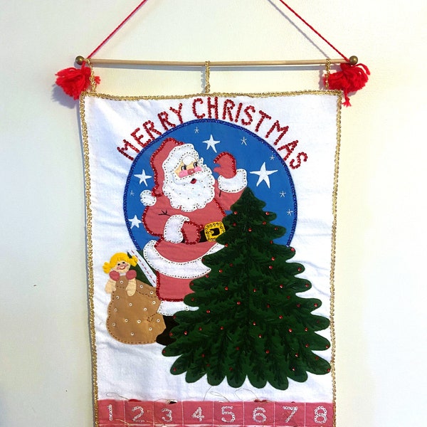 Vintage 1980s BUCILLA Advent Calendar Santa's Tree 82476 Christmas Wall Panel Hanging Door Chime Felt Holiday Decor