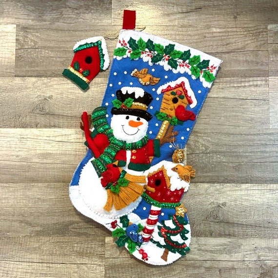 Handmade Bucilla Christmas Stocking: Finished Snowman With Birds