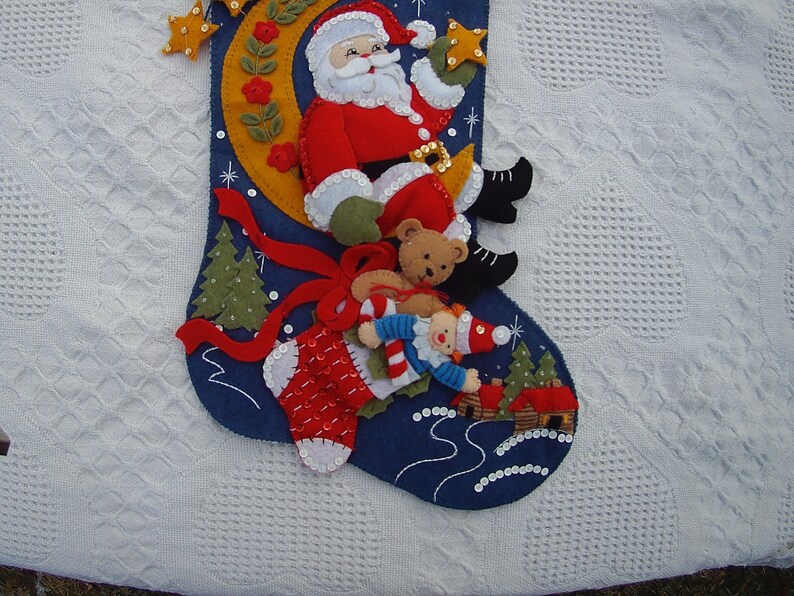 Retired Stocking Moon Light STocking! Very Rare FINISHED Bucilla Moonlight Santa Christmas Stocking From Kit #86018 Circa 2007