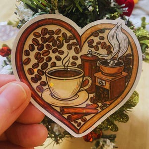Glitter Coffee Heart Sticker: Waterproof Vinyl Decal