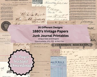 May include: A collage of 26 vintage paper designs from the 1880s. The papers are in various shades of brown, cream, and white, with black ink handwriting. The papers are perfect for junk journaling, scrapbooking, and other crafting projects. The text on the papers includes "Commission Merchants", "Supreme Secretary", and "1880's Vintage Papers".