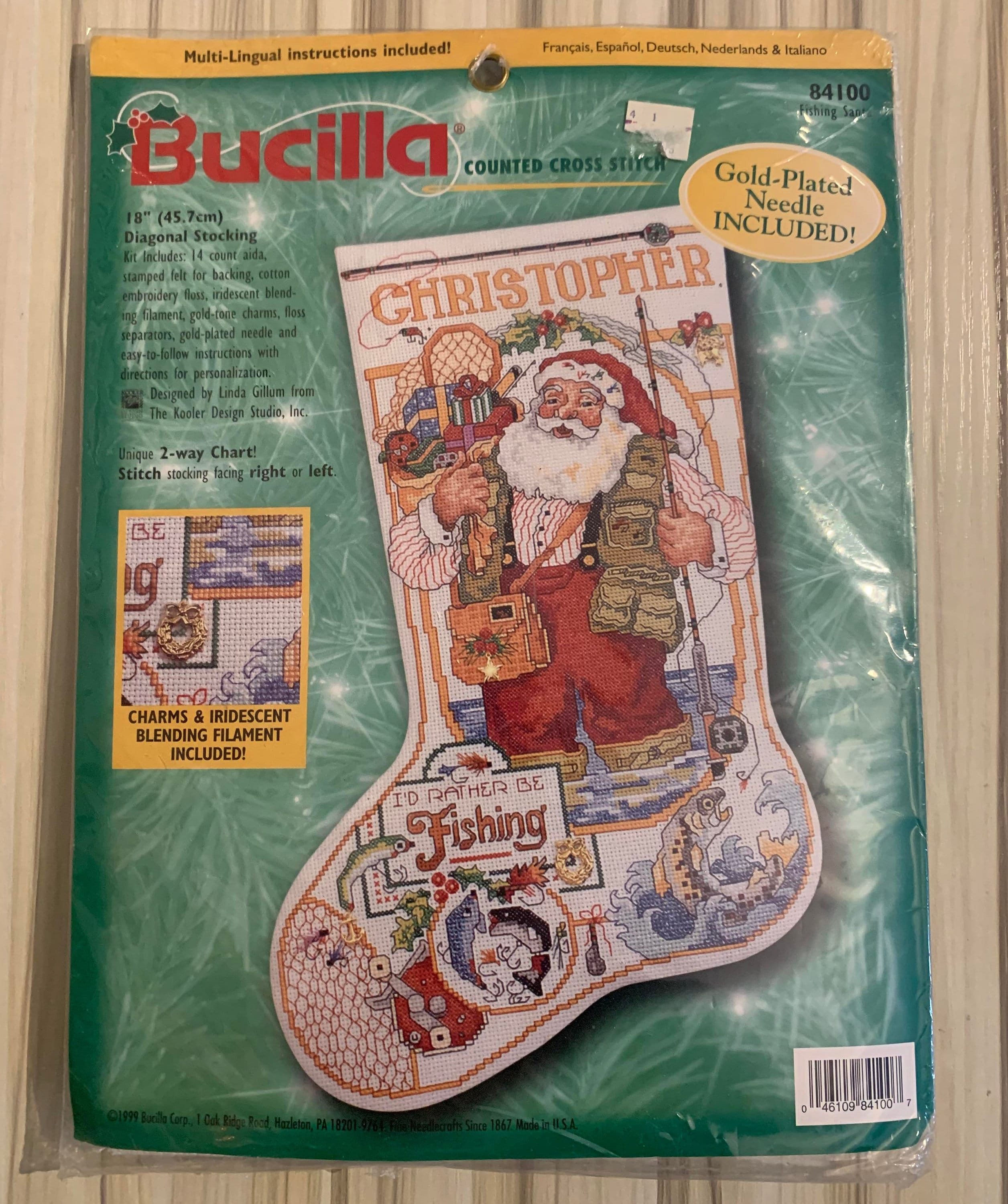 New Counted Cross Stitch BUCILLA Stocking Kit, Fishing Santa Kit 84100 Christmas  Stocking, Circa 1999 Holiday Stocking, DIY Craft Kit 