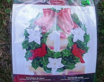 HTF New Bucilla Holly Wreath Felt Wall Hanging Kit #85262  Maria Stanziani Cardinals Wall Hanging Poinsettia Applique Sequins Beads