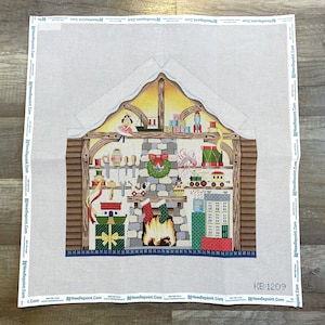 Vintage Needlepoint Christmas Canvas: Santa&#39;s Workshop, Toys, Stocking