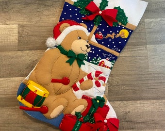 Finished HANDMADE JUMBO BUCILLA Christmas Stocking 84242 Teddy's Christmas Eve Felt Holiday Socks Embroidered Stockings Custom Stockings